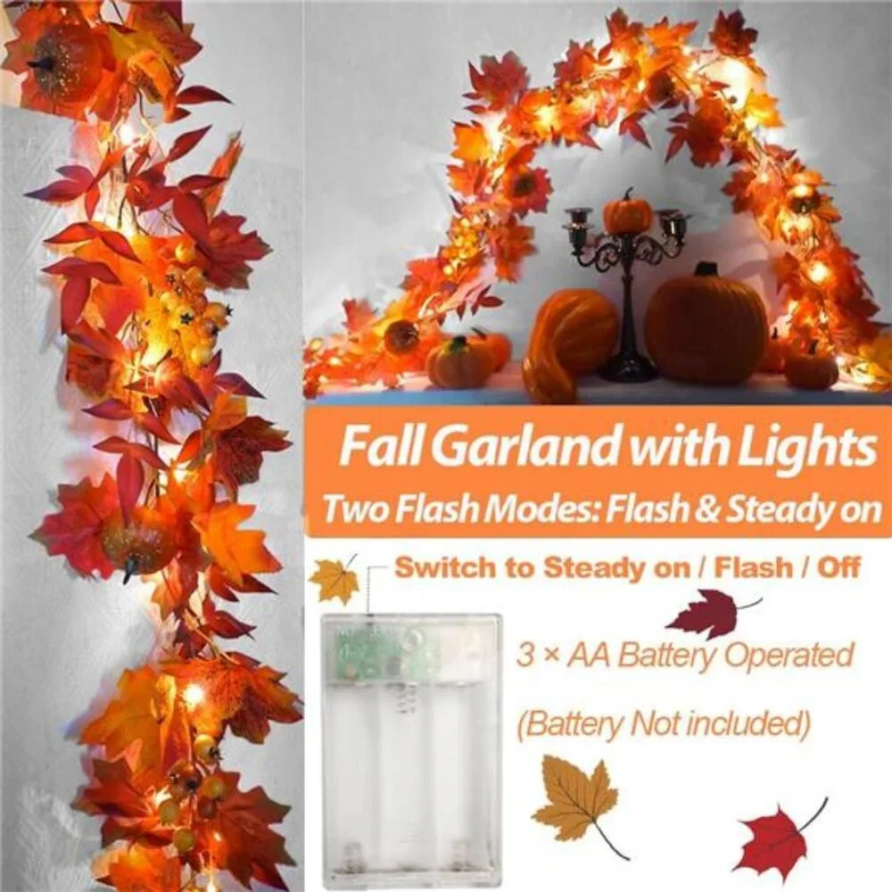 Fall Garland with Lights Timer 6.2FT Autumn Garlands Maple Leaves Pumpkin Berry